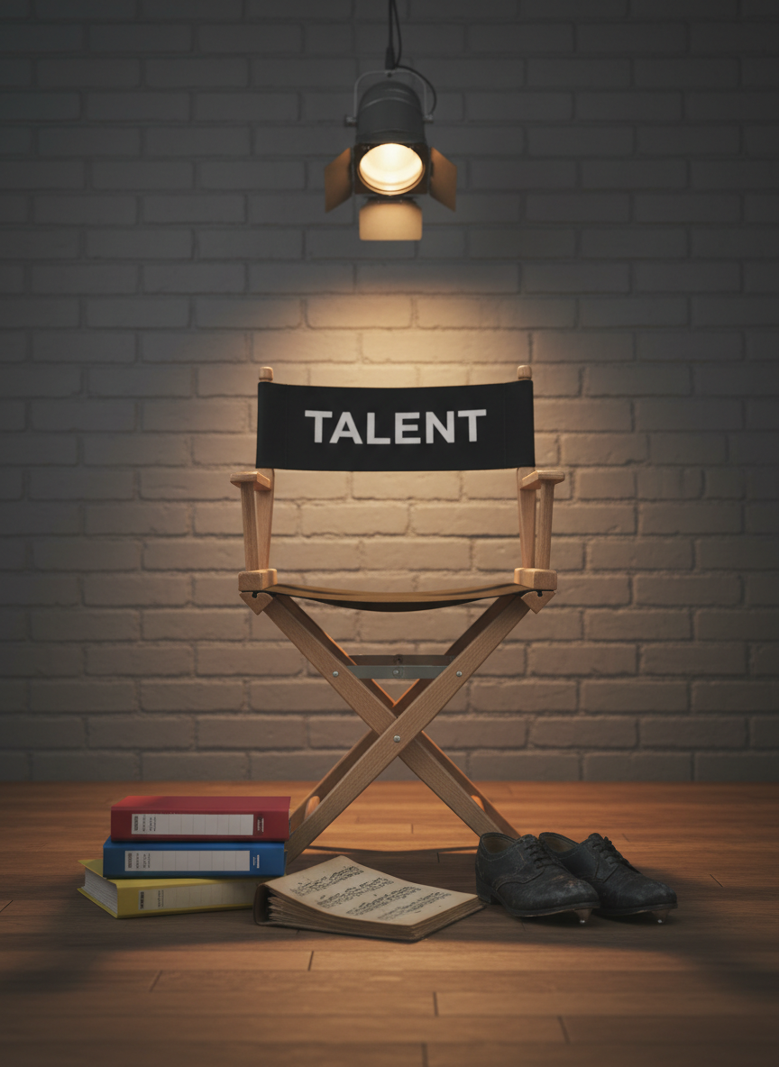 A weathered yet well-maintained director’s chair labeled “Talent” on the black canvas backrest stands in front of a softly lit brick wall painted warm gray. At the chair’s base, a tidy stack of color-coded acting binders, a closed hardbound musical score, and a pair of well-used tap shoes rest on the smooth wooden floor. Overhead, a single adjustable studio spotlight casts a golden-hour-inspired glow, creating a halo around the chair and gentle shadows behind. Photographic realism, shot from a low angle to give the scene a cinematic feel, with shallow depth of field that blurs the background, suggesting ambition, performance versatility, and a playful, behind-the-scenes energy.