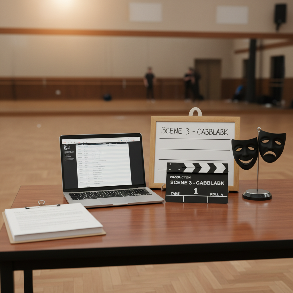 A neatly arranged audition table displays a crisp script sides packet, a sleek silver laptop showing a digital call sheet, a professional slate board, and a simple black clapper labeled “Scene 3 – Callback.” A pair of classic black theater masks on a small stand adds a playful touch. The table rests in a bright rehearsal room with a blurred view of a wooden dance floor and mirrors in the background. Warm, diffused studio lighting spills across the scene, creating soft reflections and subtle shadows. Photographic realism, composed using the rule of thirds from a slightly elevated angle, captures a focused yet upbeat atmosphere, ideal for illustrating audition readiness and professional representation.