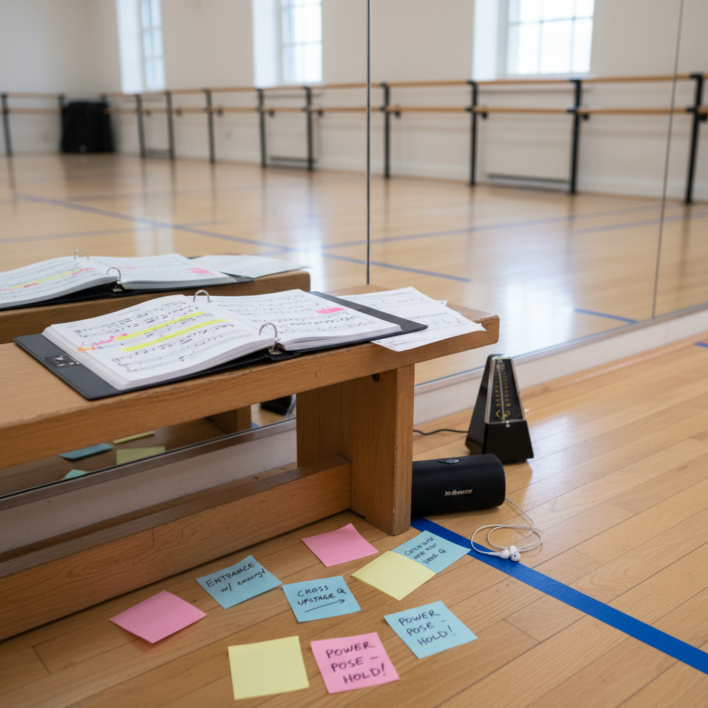A vibrant rehearsal corner in a dance studio features an open, glossy black binder with highlighted sheet music and hole-punched acting sides spread across a low wooden bench. Nearby, a set of pastel-colored sticky notes and highlighters fan out, some notes stuck to the floor revealing scribbled character beats and blocking ideas. A portable Bluetooth speaker and a simple metronome sit beside a coiled pair of earbuds. The mirrored studio wall reflects blurred ballet barres and taped floor marks. Soft overhead fluorescent lighting mixes with gentle daylight from high windows, producing even illumination and faint reflections. Photographic realism, captured from a three-quarter angle with moderate depth of field, conveys a lively, studious, and playful preparation space for a triple-threat performer.
