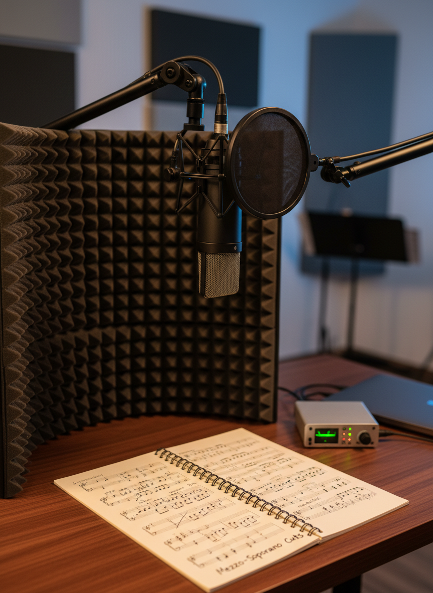 A sleek, professional voice recording setup shows a large-diaphragm condenser microphone with a black pop filter, suspended in a shock mount on a matte black boom arm. Behind it, a folding sound shield with charcoal-gray acoustic foam curves protectively. On the desk below, a spiral-bound score labeled “Mezzo-Soprano Cuts” lies open, pencil annotations visible in the margins. A compact audio interface glows with tiny LED levels beside a closed laptop. The background falls into a soft blur of acoustic panels and a distant music stand. Warm, focused desk lighting combines with subtle ambient studio glow, creating a cozy yet technical atmosphere. Photographic realism, framed in a tight, centered composition, emphasizes vocal precision and professional training.