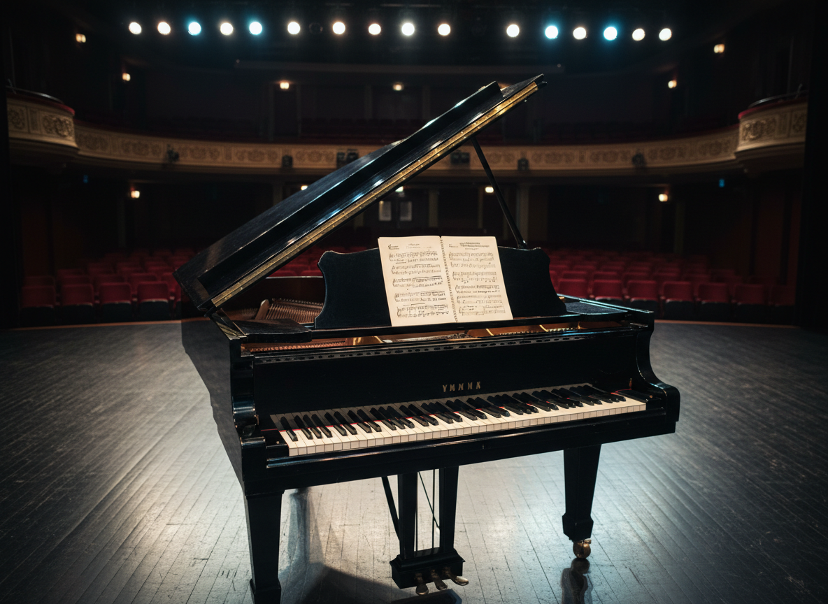 A polished black grand piano with its lid fully open, glossy surface reflecting theatrical stage lights, sits center stage in an empty modern theater. Neatly stacked sheet music for a Broadway-style score rests on the music stand, corners slightly curled. The dark wooden stage floor stretches into rows of blurred velvet seats in rich crimson tones. Overhead, soft, cool-white spotlights create gentle highlights along the piano’s curves and cast long, dramatic shadows behind. Photographic realism, shot at eye level with a shallow depth of field, emphasizes the piano keys and sheet music, creating an energetic yet inviting mood perfect for an acting and musical theatre portfolio homepage.